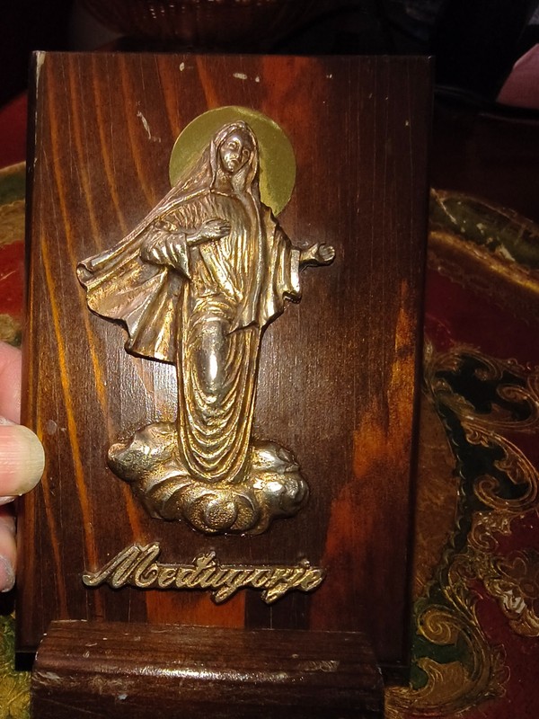 Vintage Our Lady of Medjugorje decorative religious plaque with stand