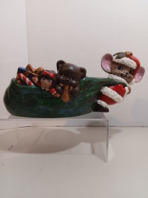 Vtg Santa Mouse Pulling Bag Of Toys Bowl  Ceramic Christmas Hand Painted
