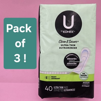 U by Kotex Clean & Secure Ultra Thin Pads, Heavy, 40 count X 3 Packs