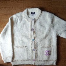CHANEL Long Sleeves Cardigan Coco Mark Size M Mohair White Women's