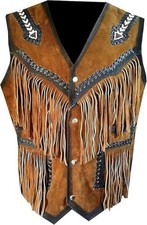 Western Suede Leather Vest Men Native American Beads  Fringe Cowboy Waistcoat