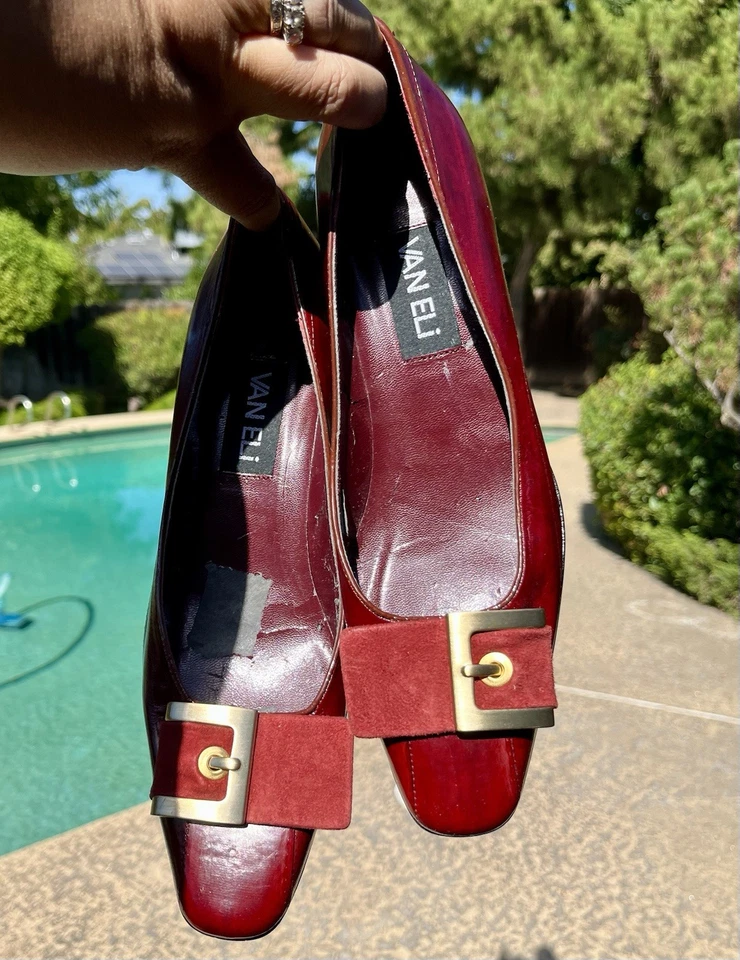 VANELI Tacón de Gatito Rojo Rubí Piel de AGUILA Cuero Dorado y Gamuza Hebilla Talla 8 Foto 3 de 4