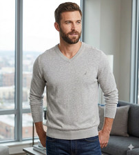 Nautica Men  s Gray V-Neck Sweater Size L Logo Knit Pullover Navtech Classic