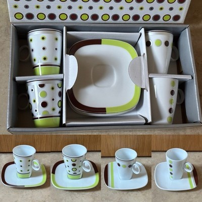 Unbenutzte Maxwell & Williams limettenbraun weiß DEKO DOTS 4 x Halbtassen & Untertassen