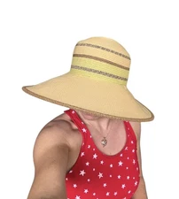 Sun n Sand Sun Hat Womens One Size Yellow Straw Wide Brim Stripes Beach Coastal