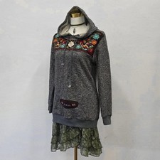 Grey Boho Floral Embroidered Hoodie S