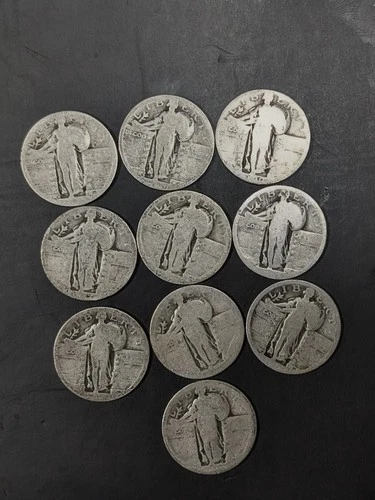 Lot of 10 Standing Liberty Silver Quarters 1917–1930 90% Silver VG/F Original