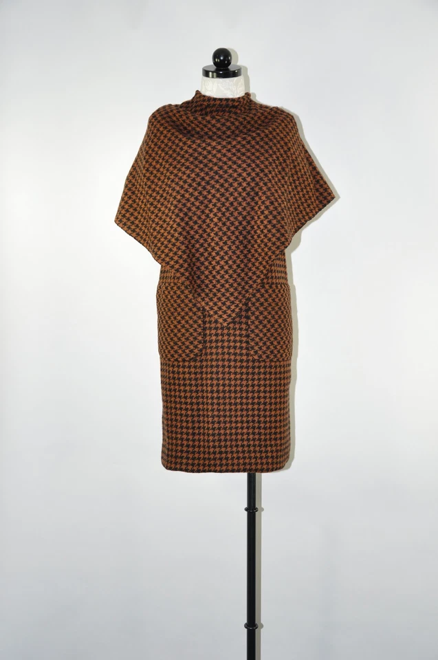 60s Vintage Brown Black Houndstooth Wool Tweed Short Sleeve Sheath Dress Women M - Image 2 of 4