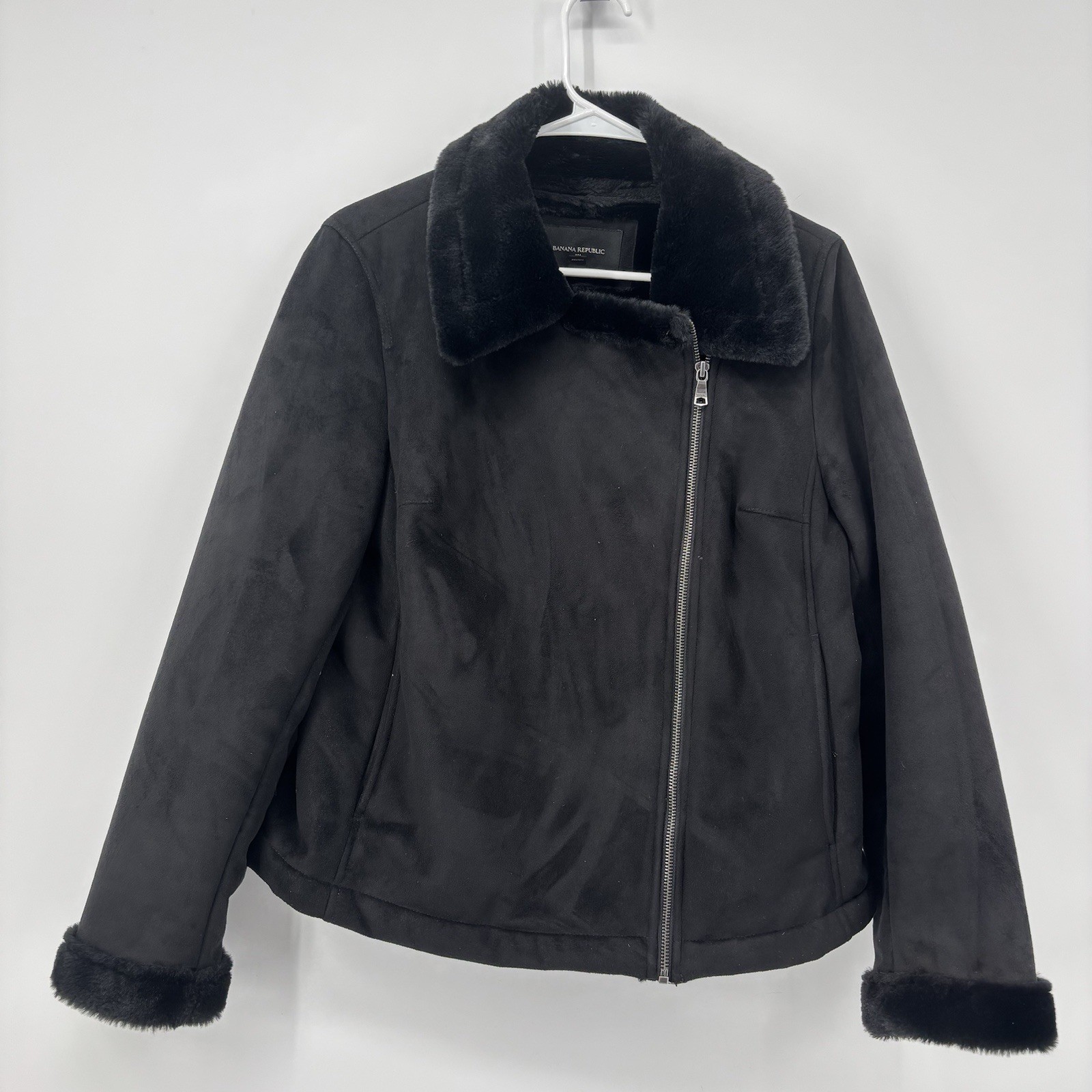 Banana Republic Suede Faux Fur Trim Jacket Black Womens Size Medium Moto