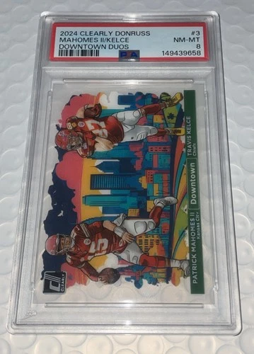 Patrick Mahomes Travis Kelce 2024 Panini Clearly Donruss Downtown Duos #3 PSA 8