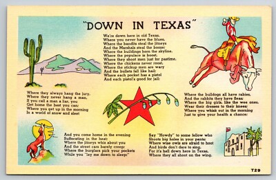 Lyrics to ''Down to Texas'' w Howling Wolf & Bronc Buster Linen postcard