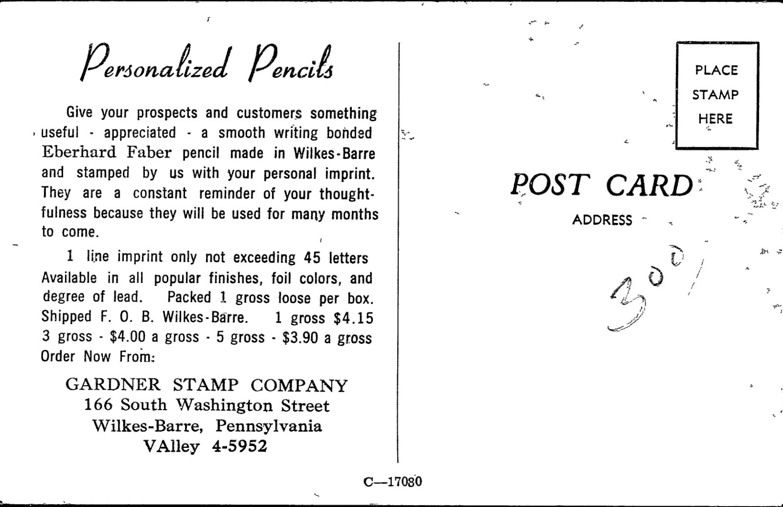 Personalized Pencils Gardner Stamp Co Wilkes Barre PA Advertising