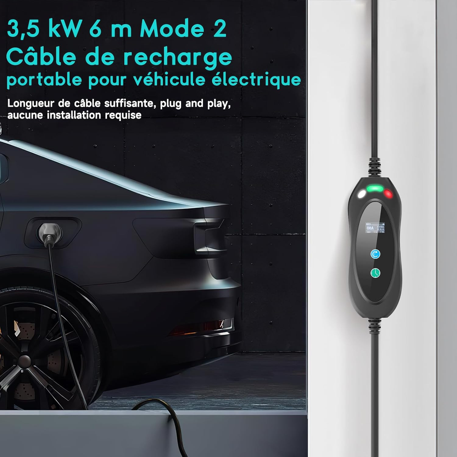 Ev chargeur type 2 16A courant commutable boitier portable charge ajustable 3.7kw