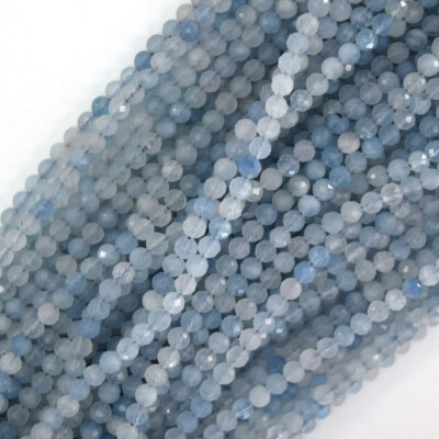 Natural Faceted Blue Aquamarine Round Beads 15.5'' Strand 3mm 4mm