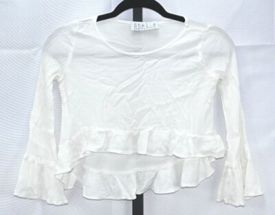 Stella Laguna Beach Pullover Long Sleeve Cropped White Top With Ruffle Accent S