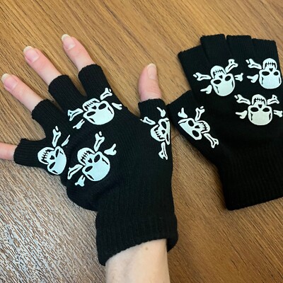Mens Black Skeleton Fingerless Gloves White Bone Knit Wrist Length