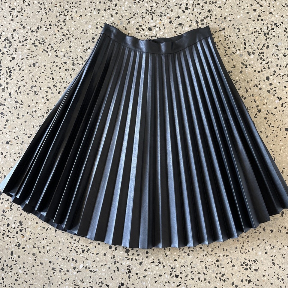 Outrageous Fortune Pleated PU Midi Skirt Black [SZ XXL] Curved Hem Faux Leather