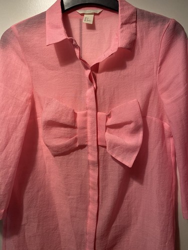 Pink H&M Eur 32 Button Up Collared Cute Pink Bow Front Shirt Womens Cute - Picture 10 of 24