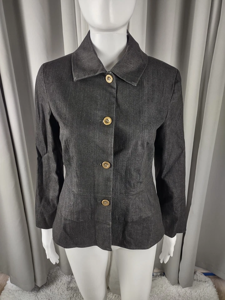 Chaqueta para mujer Doncaster gris look de mezclilla, mezcla de algodón estilo peplum, blazer talla 4 Foto 2 de 4