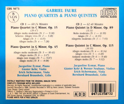 Faure Piano Quartets & Quintets - ( 2 CD Set - VoxBox 2
