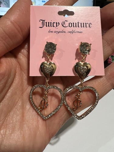 Juicy Couture Heart Drop Dangle Earrings Goldtone Rhinestone Logo Gift Idea