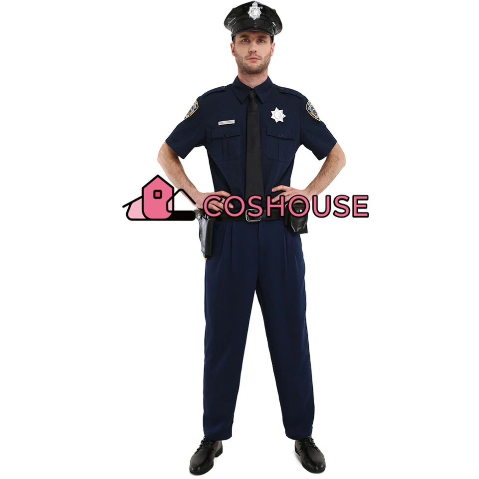 Hombre Manga Corta Oficial de Policía Uniforme Halloween Policía Disfraz con Gorra Foto 2 de 4