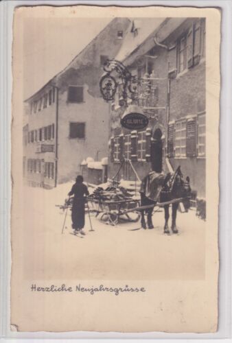 AK Neujahr, Pferdeschlitten vorm Gasthaus,  Feldpost 1939 Braunschweig Foto-AK - Afbeelding 1 van 2