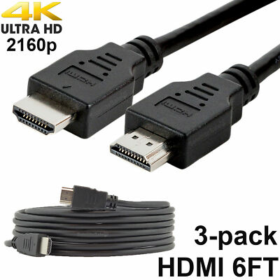 Pack of 3 Digital High-Speed 1.4 HDMI Cables PVC 2160p Black Cord (6 feet)