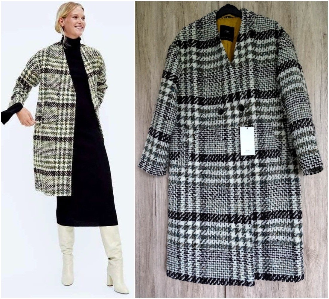 ALTRA ZARA MULTICOLOURED CHECK TWEED DOUBLE BREASTED COAT SIZE S