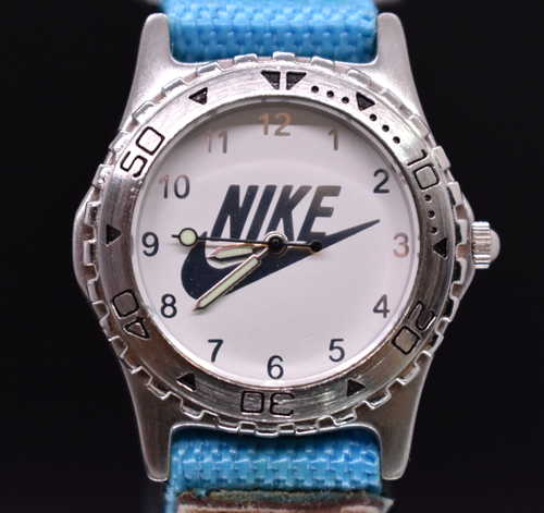 Vtg NIKE SWOOSH Watch Women White Dial Silver Tone Nylon Strap NEW BATTERY Rare