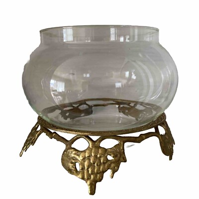 Vtg Brass Plant Stand Riser Footed With Bowl Grapes & Vines Mid Century ...