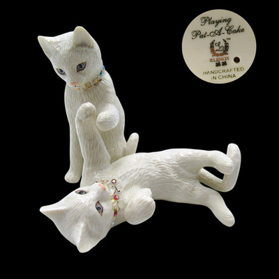 Lenox Playing Pat A Cake Cat Figurine Pair Ivory China 24K Gold & Crystal Accent