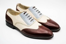 Handmade Three Tone Oxford Brown  Beige Dress Lace Up Leather Men Wingtip Shoes
