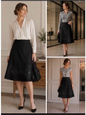 Lee Dong Soo Black A-Line Midi Skirt with Subtle Embroidery. Sz L