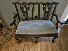 Antique Carved  Mahogany Settee With Emerald Green Cushion