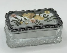 Vintage Glass Ornate Jewelry Trinket Box Dish Dried Pressed Flowers In Lid 4x2.5