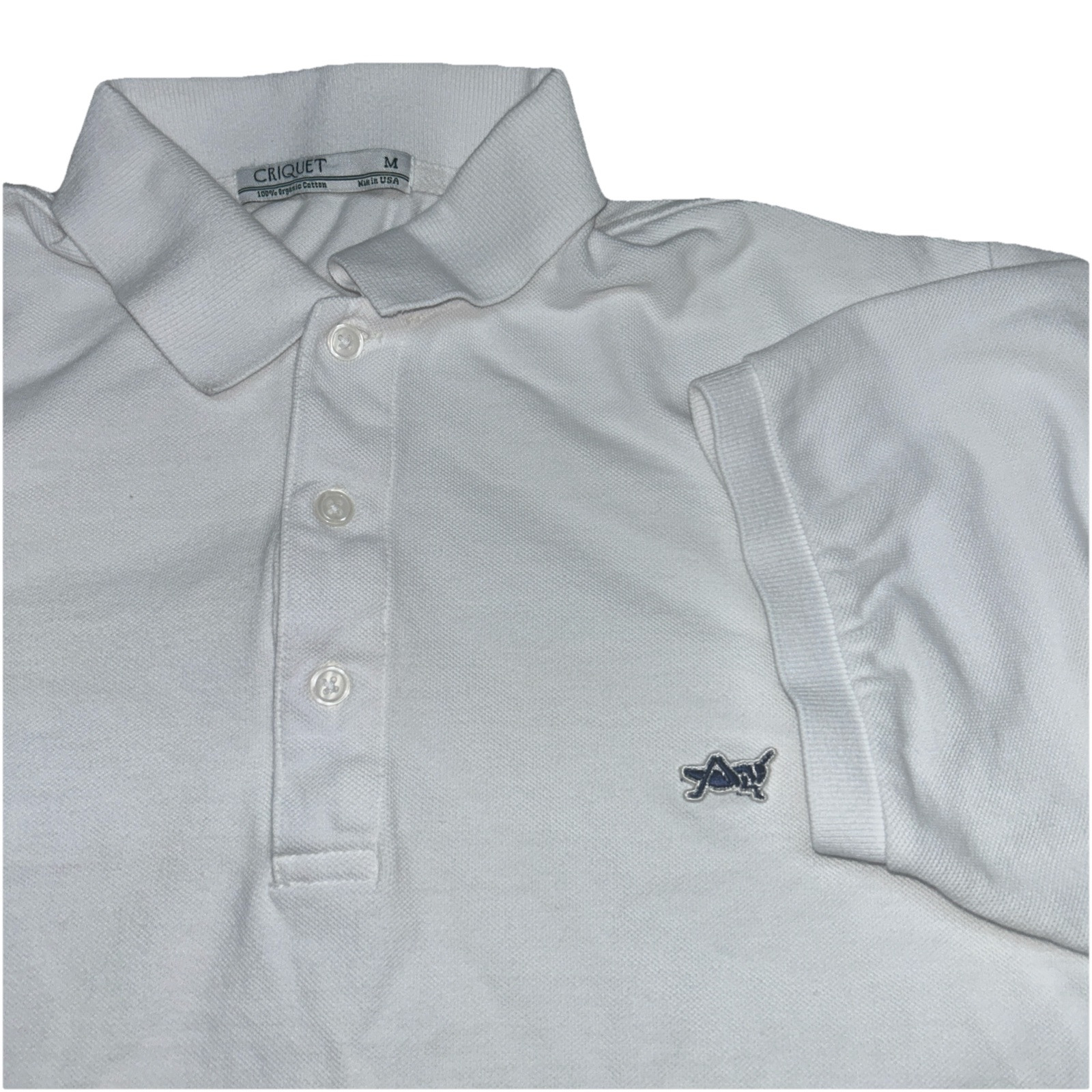 Criquet Men’s White Polo Made In USA Medium, Cricket Embroidered Patch, Cotton