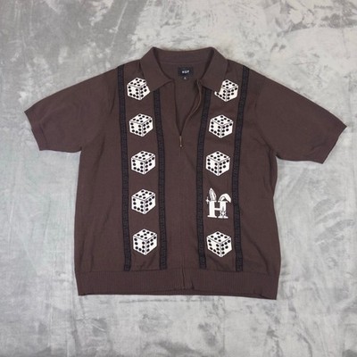 HUF Knit Polo Mens XL Brown Dice Graphic Quarter Zip Short Sleeve Streetwear