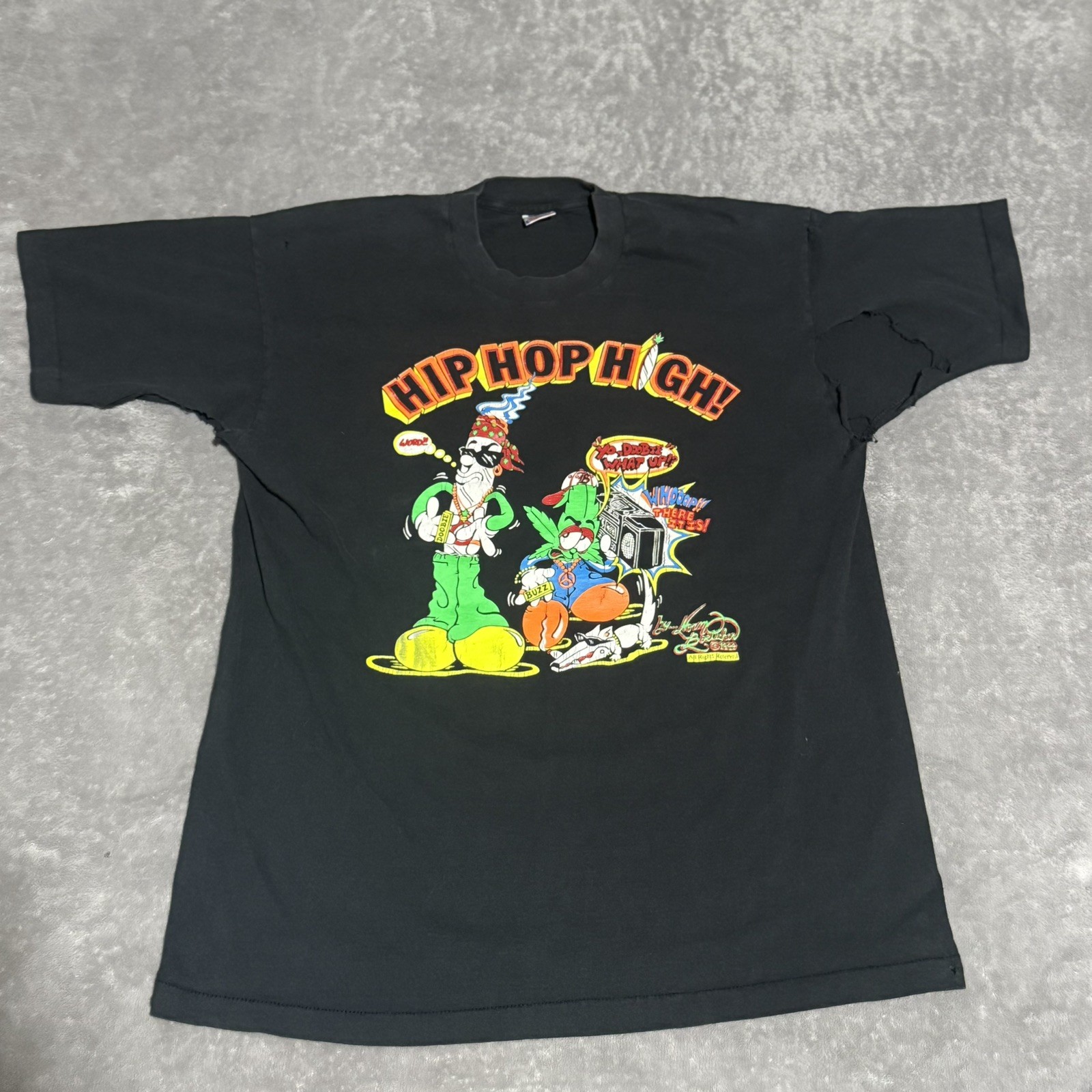 Vintage 90s Mr Doobie and Buzz Graphic T Shirt Size XL Distressed Thrashed RARE