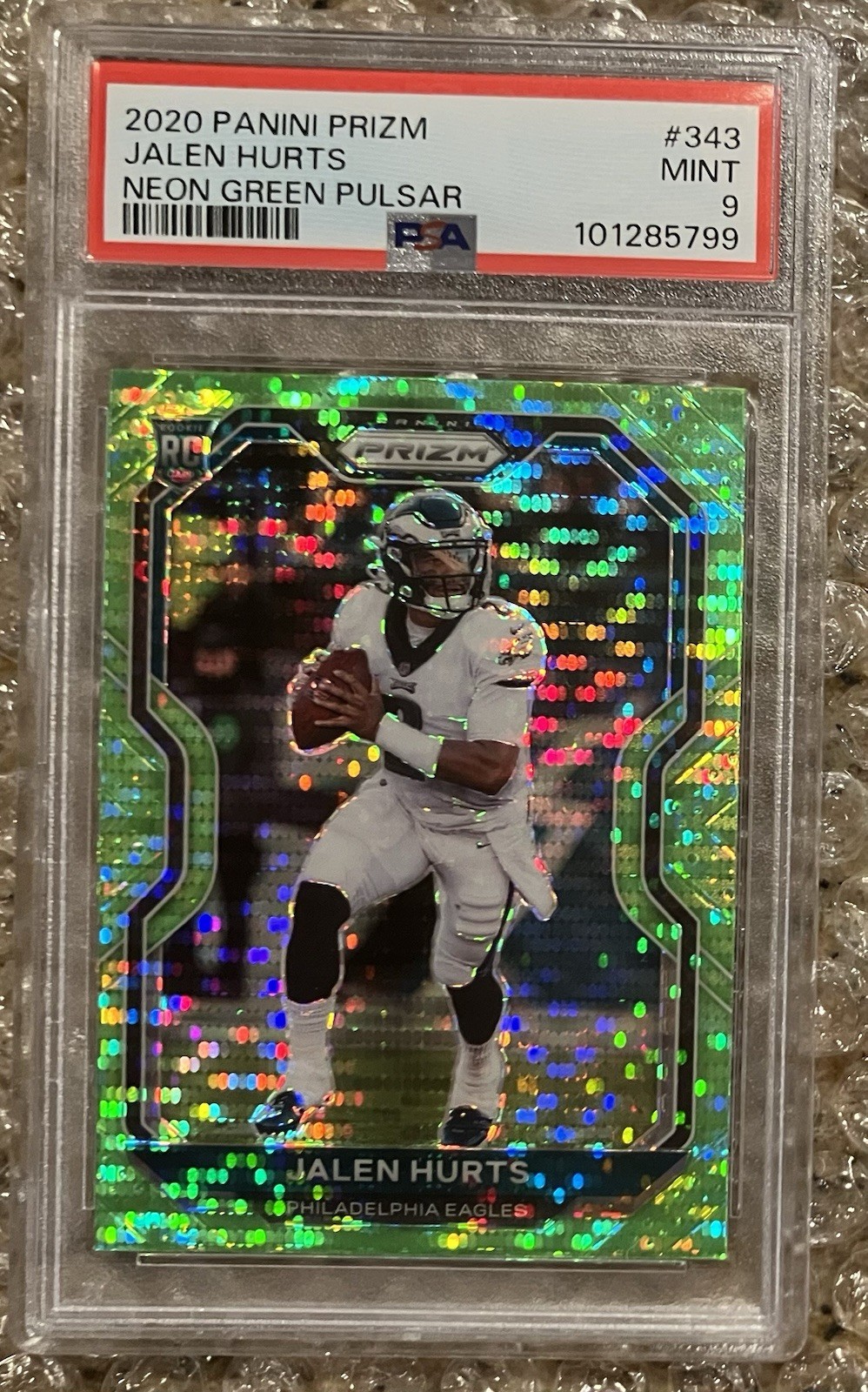 2023 Prizm EAGLES JALEN HURTS ROOKIE RC Neon Green Pulsar #244!!! PSA MINT 9!!!!