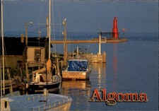 Algoma Wisconsin Harbor Lake Michigan sailboat motor boat vintage postcard
