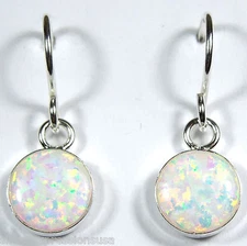 8mm White Fire Opal 925 Sterling Silver Dangling Earrings - Handcrafted in USA