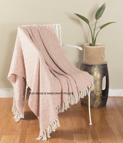 Cream Pink Herringbone 100% Cotton Throw Blanket Sofa Couch Seater, 127x152cm - Picture 2 of 3