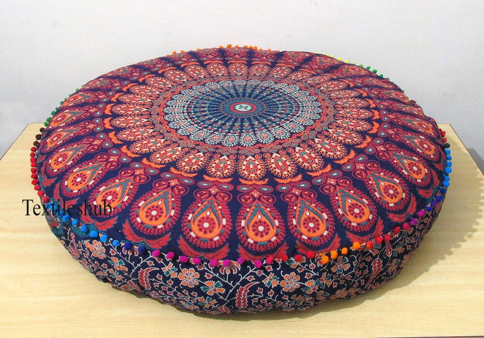 Cuscino Rotondo Da Pavimento Mandala Elefante Indiano - Fodera In Cotone 82cm Viola