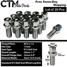 20x Audi Chrome 14x1.5 Ball Seat Wheel Lug Bolts 28mm Shank Fit Audi Stock Wheel