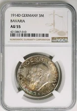 GERMANY-BAVARIA 1914-D LUDWIG III 3 MARK 1 YEAR TYPE SCARCE,NGC-AU-55 TONING