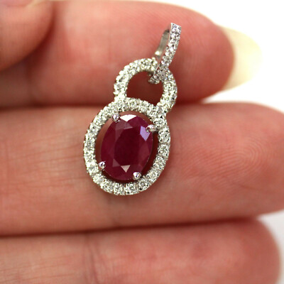 1,6 ctw natürlicher roter Rubin & Diamant massiver 14k Weißgold Heiligenschein Tropfen Anhänger 23 mm