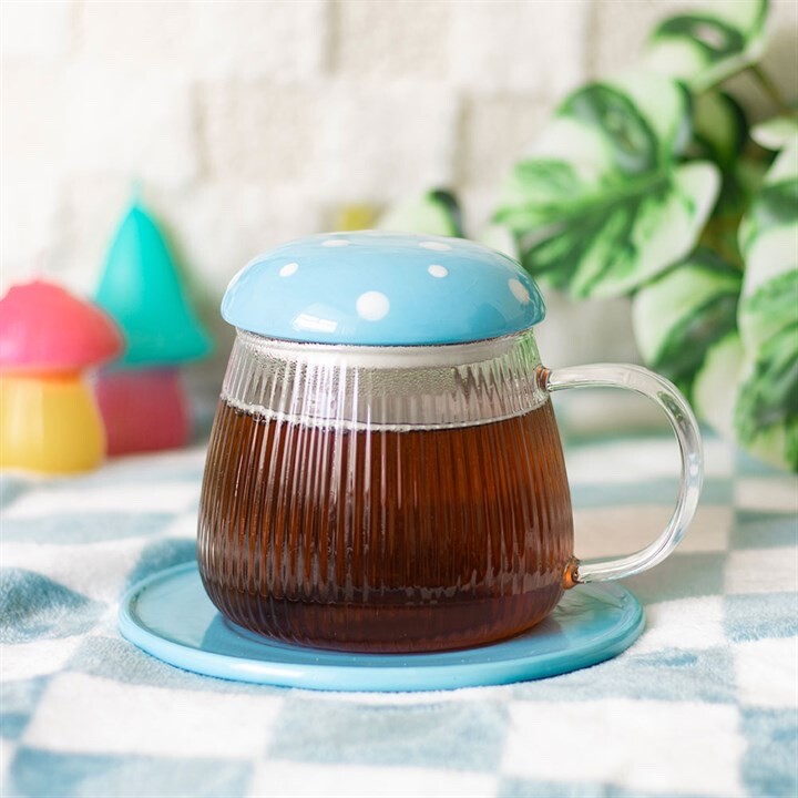 Blue Lidded Glass Enchanted Mushroom Novelty Mug and Saucer Set
