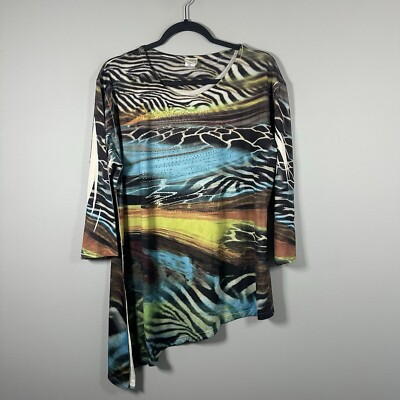 Jess & Jane XLarge Multicolor Safari Embellished Asymetrical 3/4 Sleeve Top