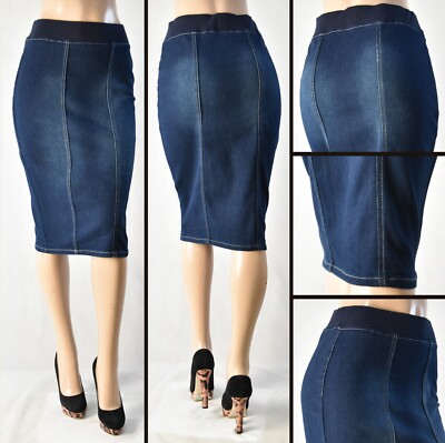 Women 26'' Skirt Stretch Denim no slit pencil dark wash elastic w/b #WG-79486/7/8